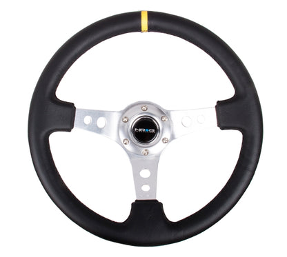 NRG Reinforced Sport Steering Wheel 350mm 3 Inch Deep Silver Spoke Round holes Black Leather Yellow Center Mark - eliteracefab.com