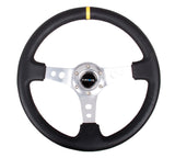 NRG Reinforced Sport Steering Wheel 350mm 3 Inch Deep Silver Spoke Round holes Black Leather Yellow Center Mark - RST-006SL-Y