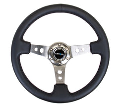 NRG Reinforced Sport Steering Wheel 350mm 3 Inch Deep Gun Metal Spoke Round holes Black Leather - eliteracefab.com