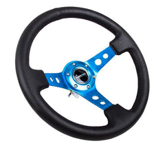 NRG Reinforced Steering Wheel (350mm / 3in. Deep) Blk Leather w/Blue Circle Cutout Spokes - eliteracefab.com