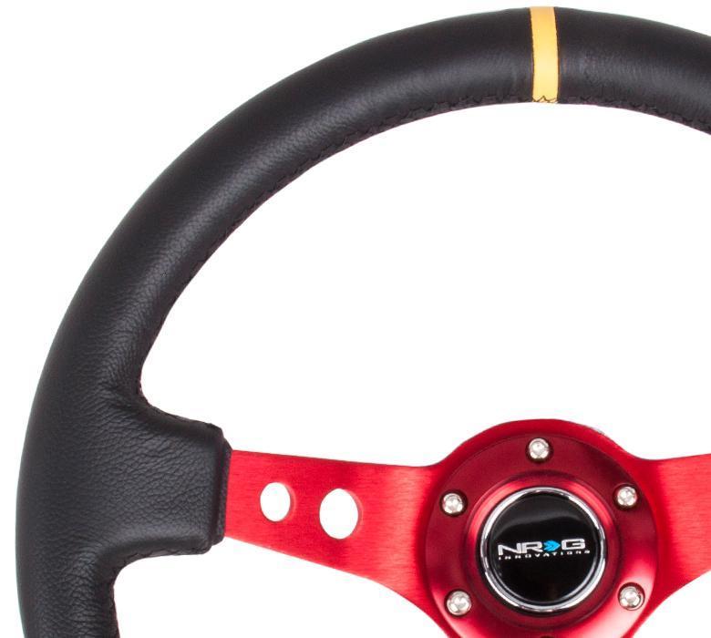 NRG Reinforced Sport Steering Wheel 350mm 3 Inch Deep Red Spoke Round holes Black Leather Yellow Center Mark - eliteracefab.com