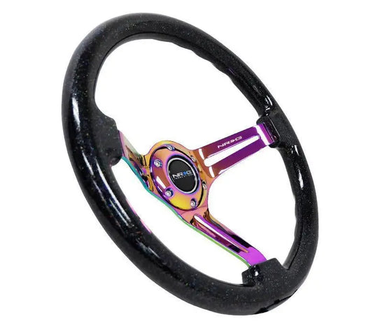 NRG Reinforced Steering Wheel (350mm / 3in. Deep) Black Multi Color Flake Wood w/ Black Matte Center - eliteracefab.com