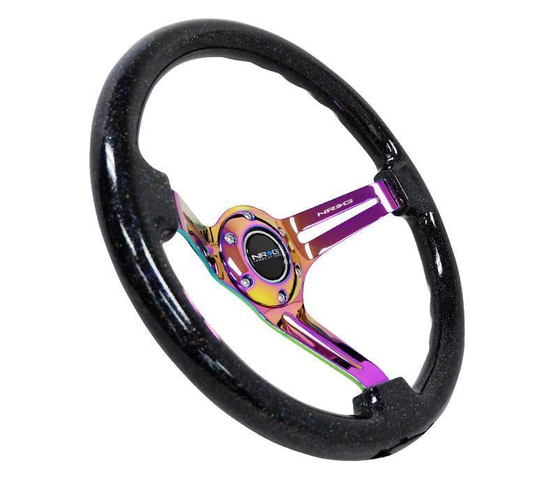 NRG Reinforced Steering Wheel (350mm / 3in. Deep) Black Multi Color Flake Wood w/ Black Matte Center - eliteracefab.com