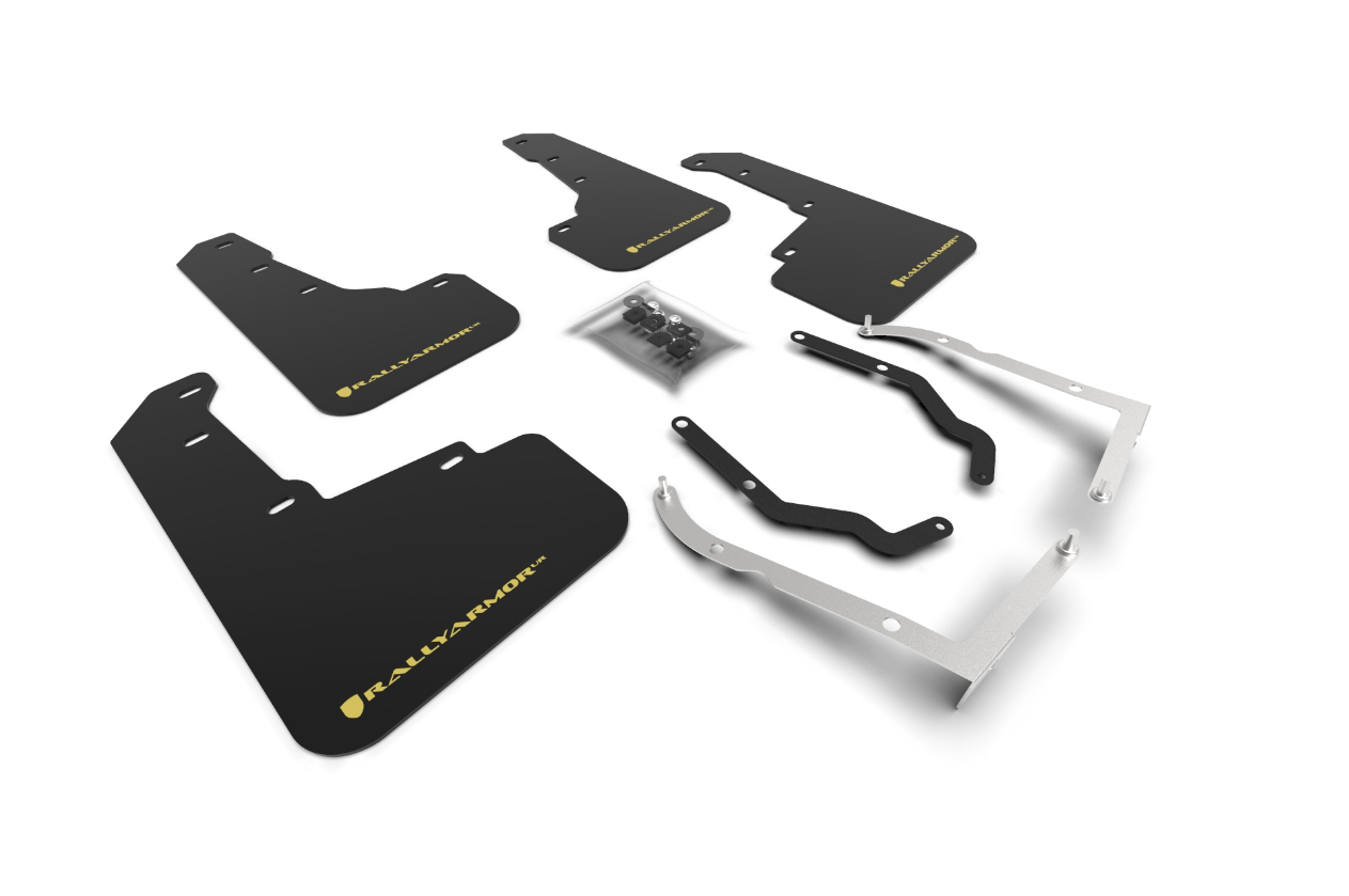 Rally Armor UR Mudflaps Black Urethane Yellow Pearl Logo 2018-2021 Crosstrek - eliteracefab.com