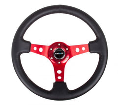 NRG Reinforced Sport Steering Wheel 350mm 3 Inch Deep Red Spoke Round holes Black Leather - eliteracefab.com